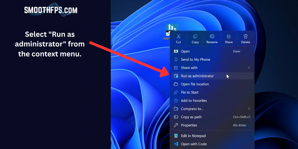 Step 2: Selecting Run as administrator from the HWiNFO context menu for full sensor access