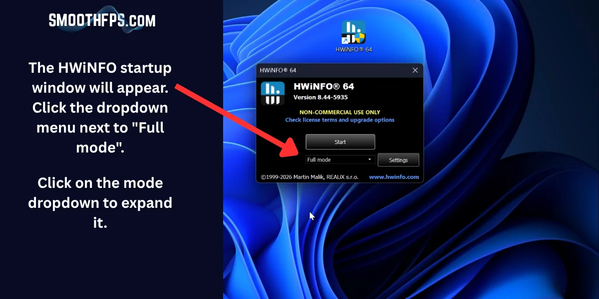 Step 3: HWiNFO startup window showing the mode dropdown menu highlighted with an arrow