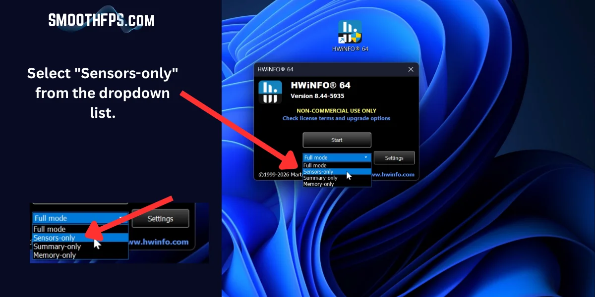 Step 4: Selecting Sensors-only mode from the HWiNFO dropdown for gaming logging
