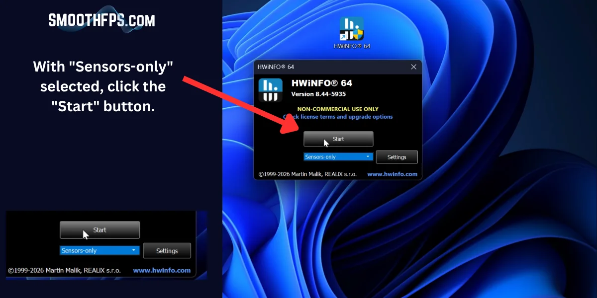 Step 5: Clicking the Start button in HWiNFO with Sensors-only mode selected