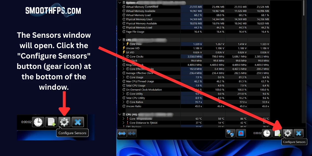 Step 6: HWiNFO Sensors window with the Configure Sensors gear icon highlighted at the bottom toolbar