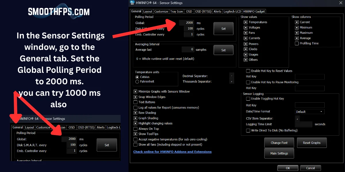 Step 7: HWiNFO Sensor Settings window showing Global Polling Period set to 2000 milliseconds
