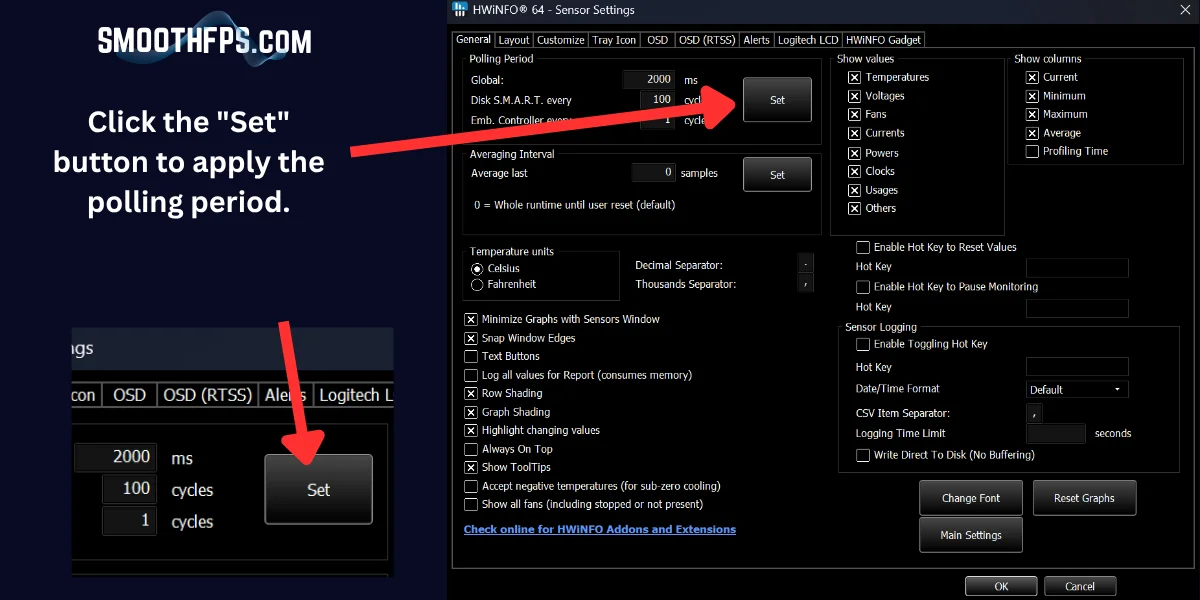 Step 8: Clicking the Set button to apply the 2000ms polling period in HWiNFO settings
