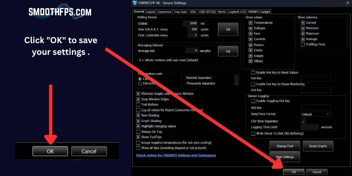 Step 9: Clicking OK to save HWiNFO sensor configuration settings