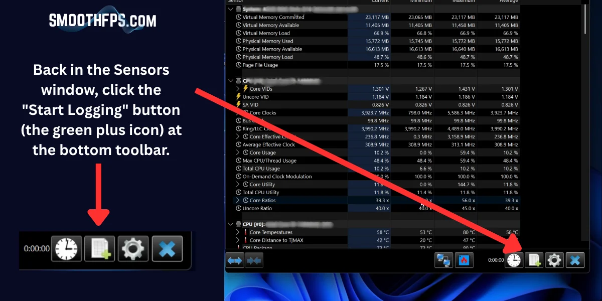 Step 10: Clicking the Start Logging green plus icon in the HWiNFO sensor toolbar to begin CSV recording