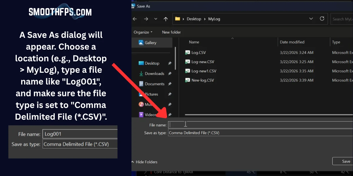 Step 11: HWiNFO Save As dialog with file name Log001 and CSV Comma Delimited file type selected