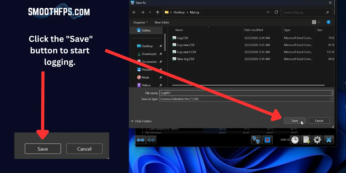 Step 12: Clicking Save to start HWiNFO CSV sensor logging to disk