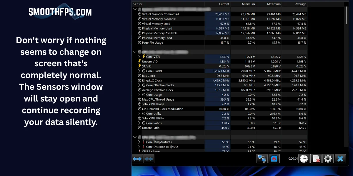 Step 13: HWiNFO Sensors window actively logging hardware data silently in the background