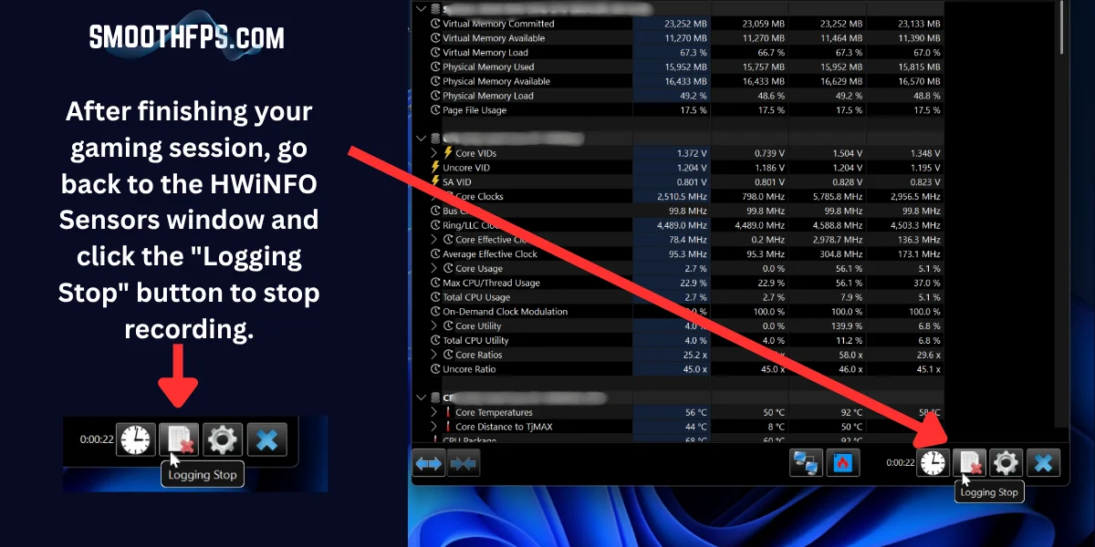 Step 15: Clicking the Logging Stop button in HWiNFO to stop CSV recording after gaming