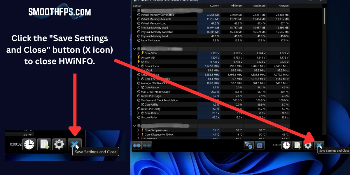 Step 16: Clicking Save Settings and Close to exit HWiNFO after logging session