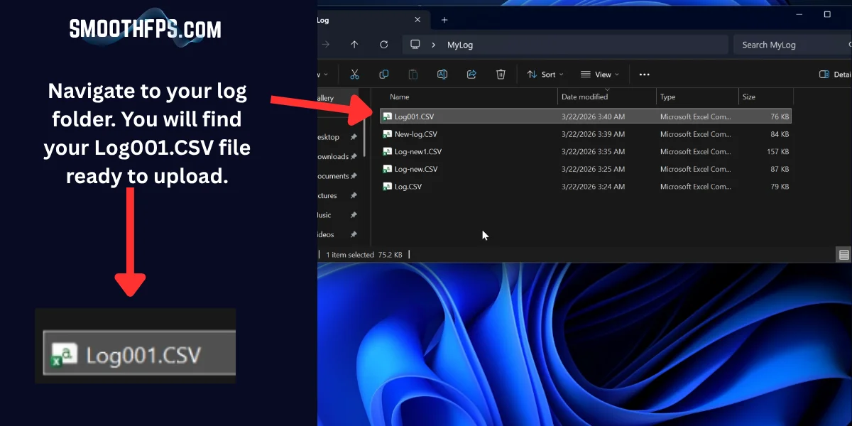 Step 17: Windows File Explorer showing the saved HWiNFO Log001.CSV file ready to upload