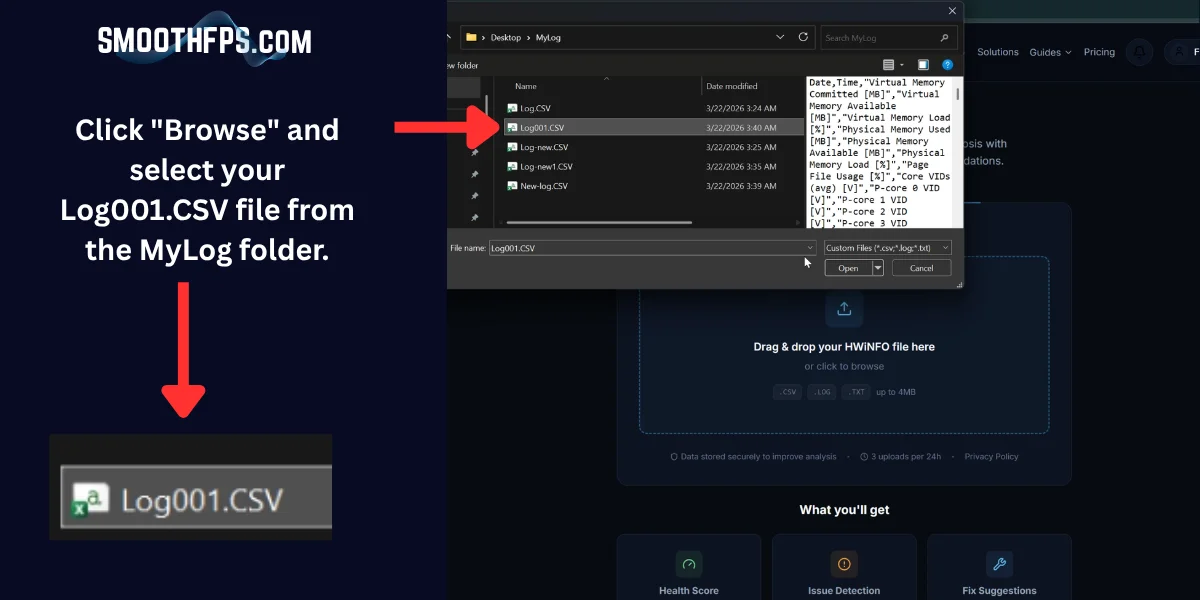 Step 19: Clicking Browse to select the HWiNFO CSV log file for upload to SmoothFPS