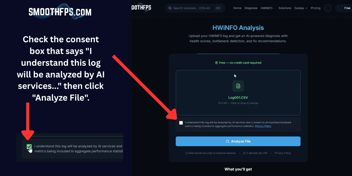 Step 21: Checking the AI analysis consent checkbox on SmoothFPS before uploading HWiNFO data