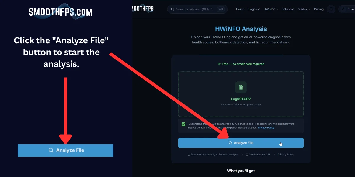 Step 22: Clicking the Analyze File button to start AI-powered HWiNFO log analysis on SmoothFPS