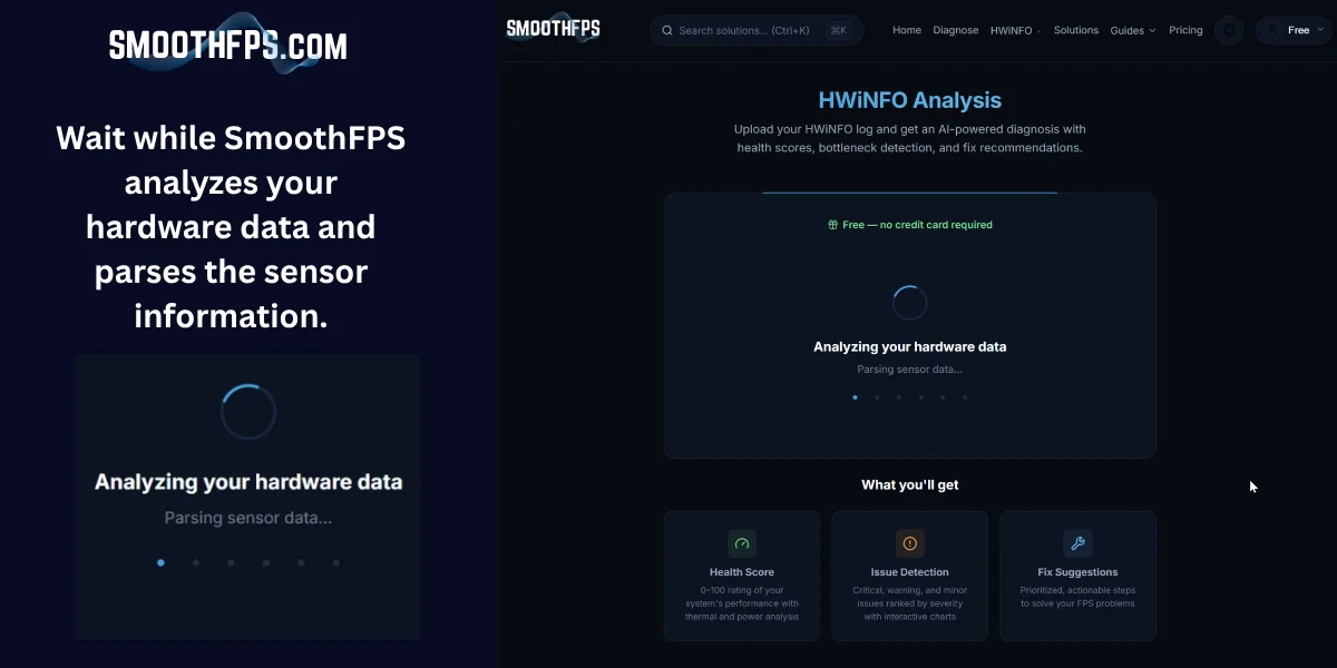 Step 23: SmoothFPS analyzing HWiNFO hardware sensor data with AI progress indicator